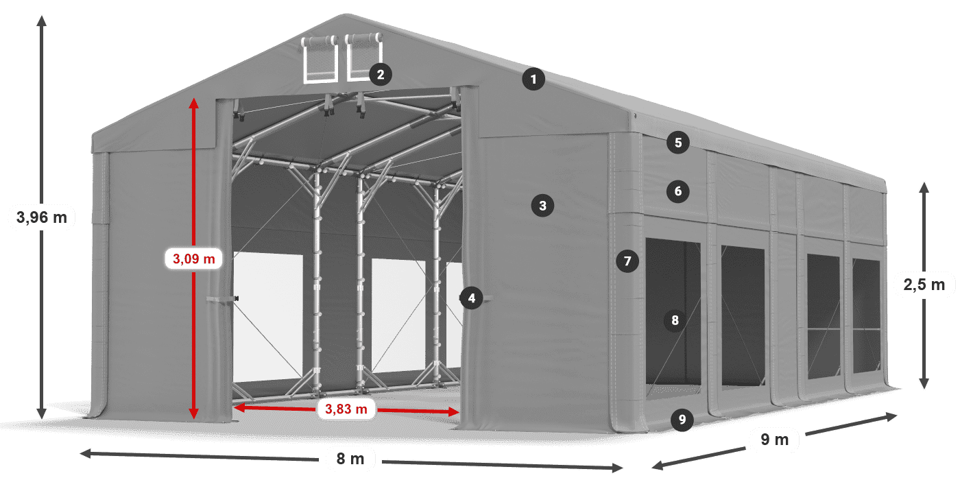 Tető: FR 620 PVC Falak: MS 580 PVC 2,5 m jelmagyarázat