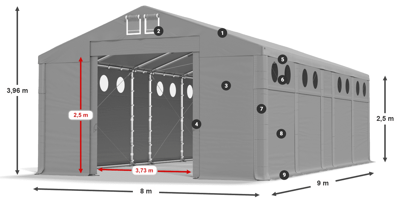 Tető: FR 620 PVC Falak: MS O 580 PVC 2,5 m jelmagyarázat