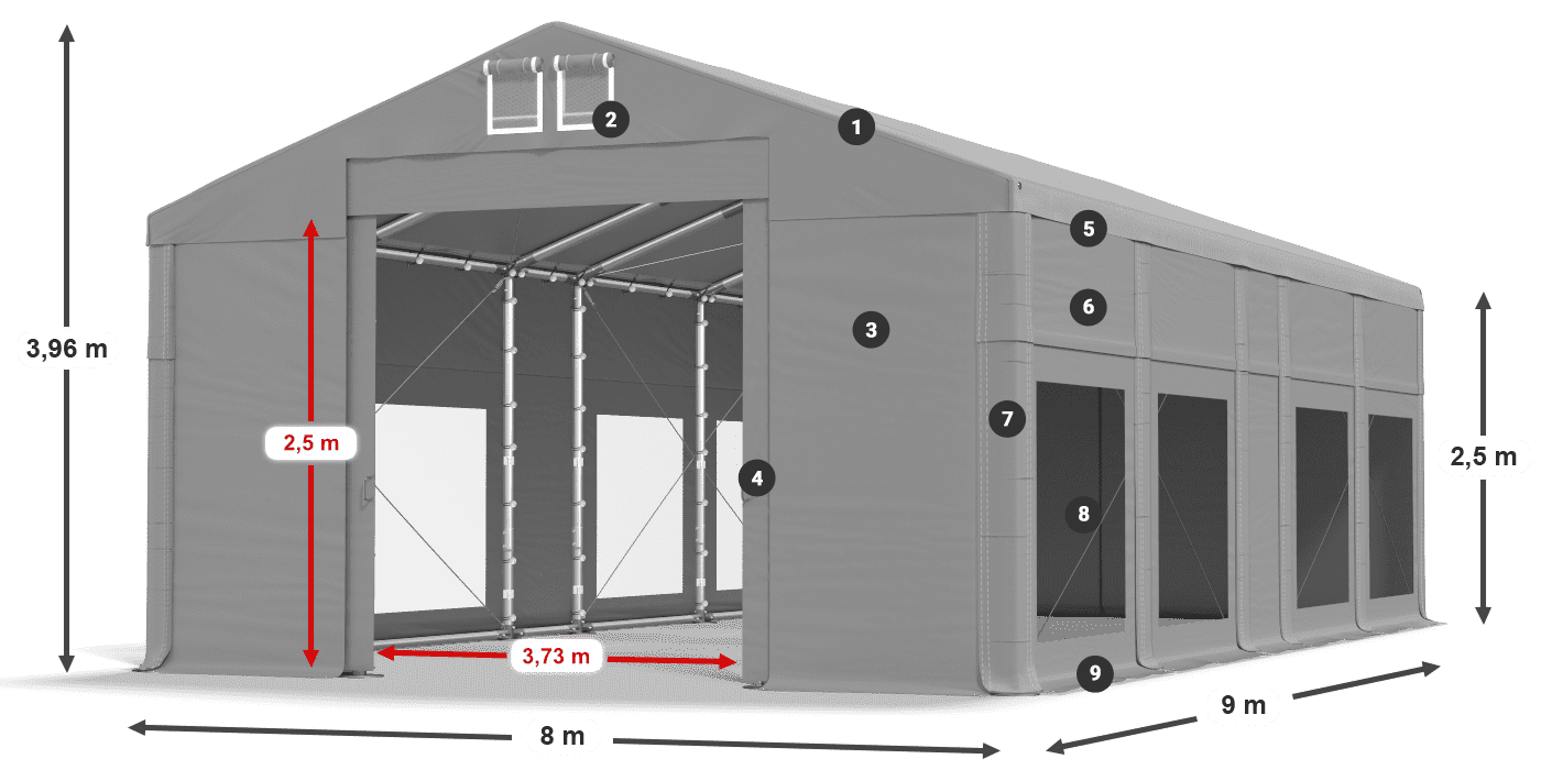 Tető: FR 620 PVC Falak: MS 580 PVC 2,5 m jelmagyarázat