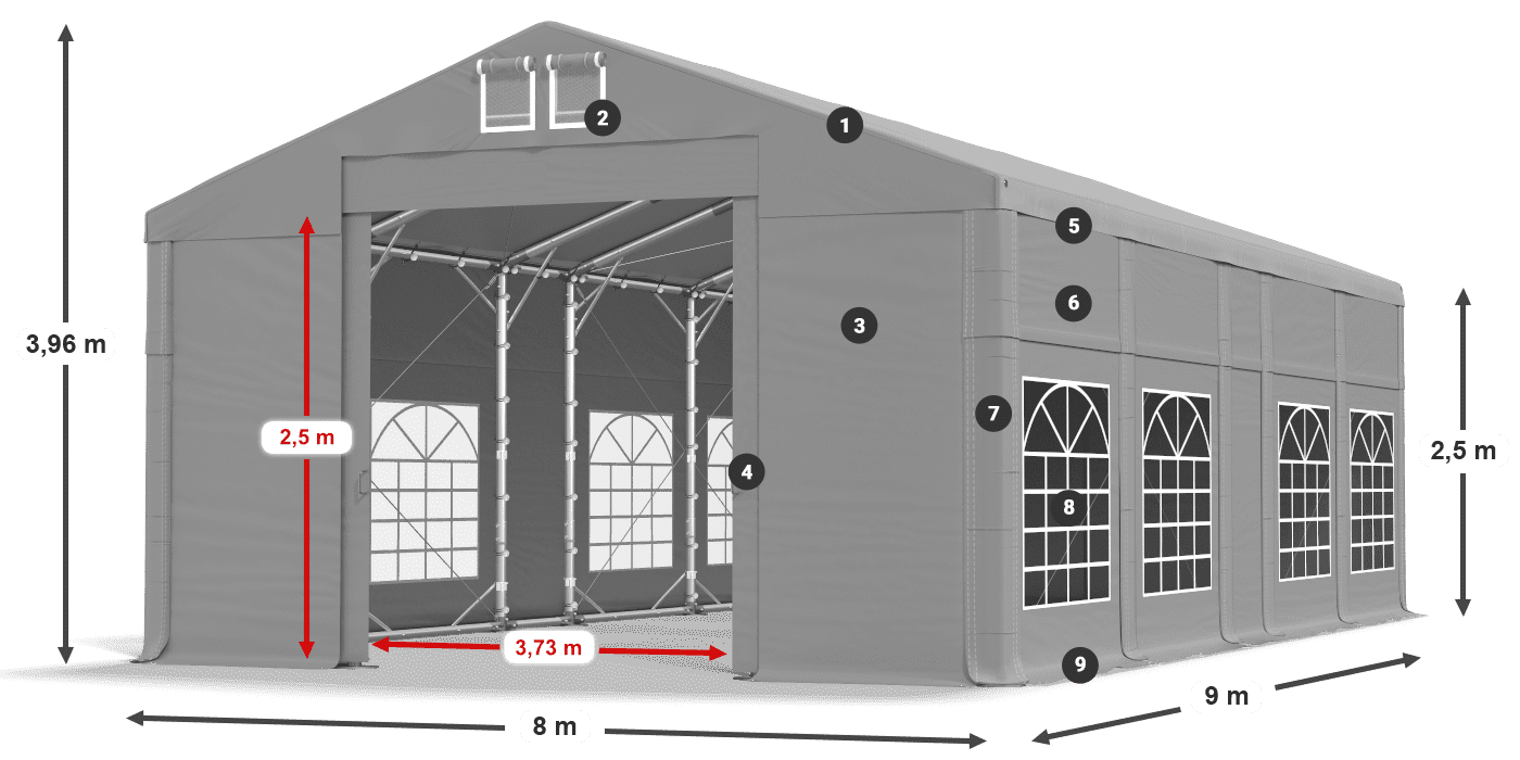 Tető: FR 620 PVC Falak: SD 500 PVC 2,5 m jelmagyarázat