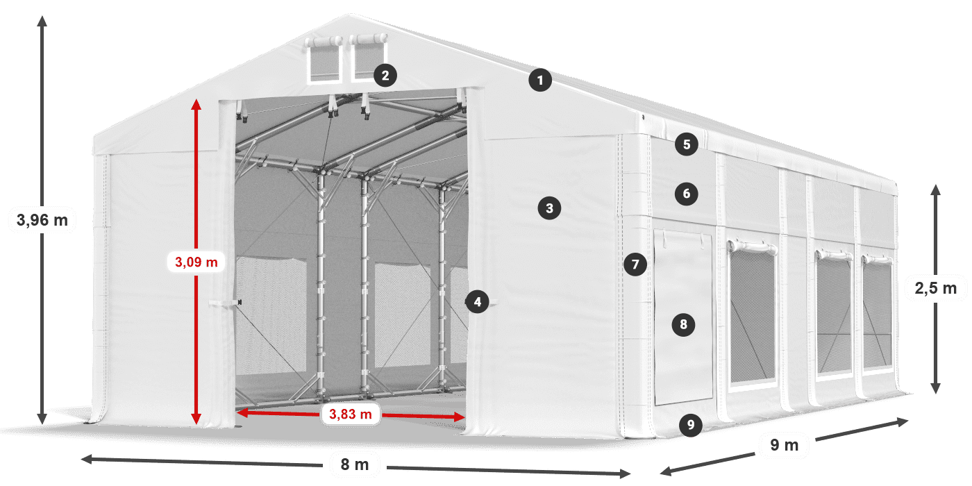 Tető: FR 620 PVC Falak: SD 500 PVC 2,5 m jelmagyarázat