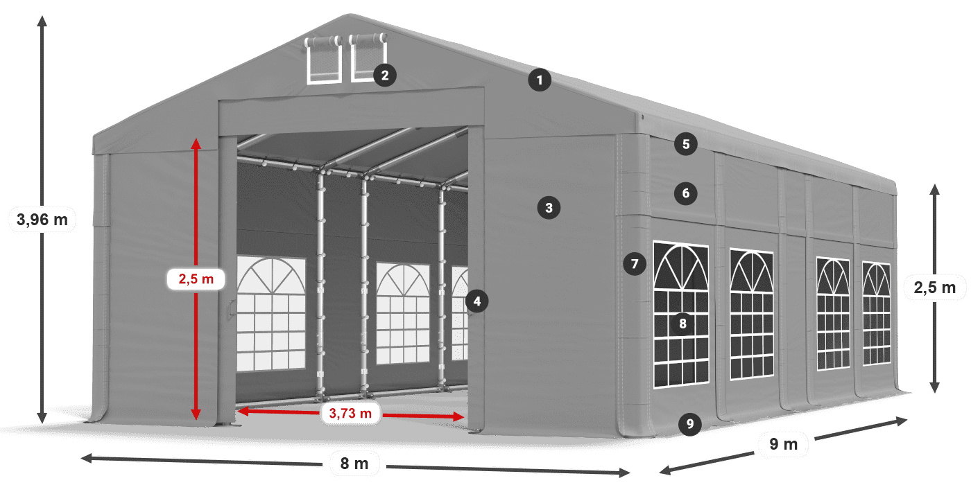 Tető: FR 620 PVC Falak: SD 500 PVC 2,5 m jelmagyarázat