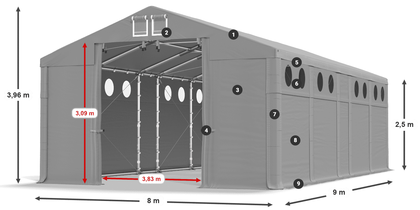 Tető: FR 620 PVC Falak: SD O 500 PVC 2,5 m jelmagyarázat