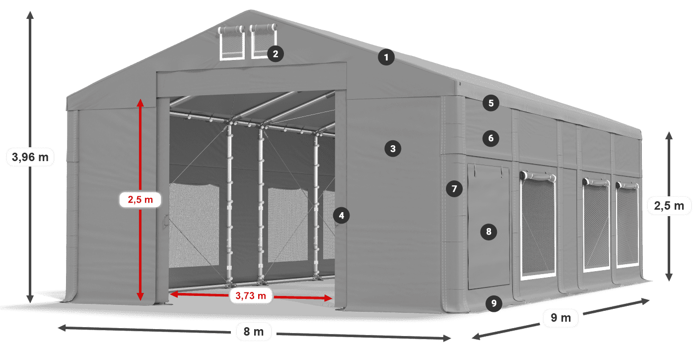 Tető: FR 620 PVC Falak: SD 500 PVC 2,5 m jelmagyarázat