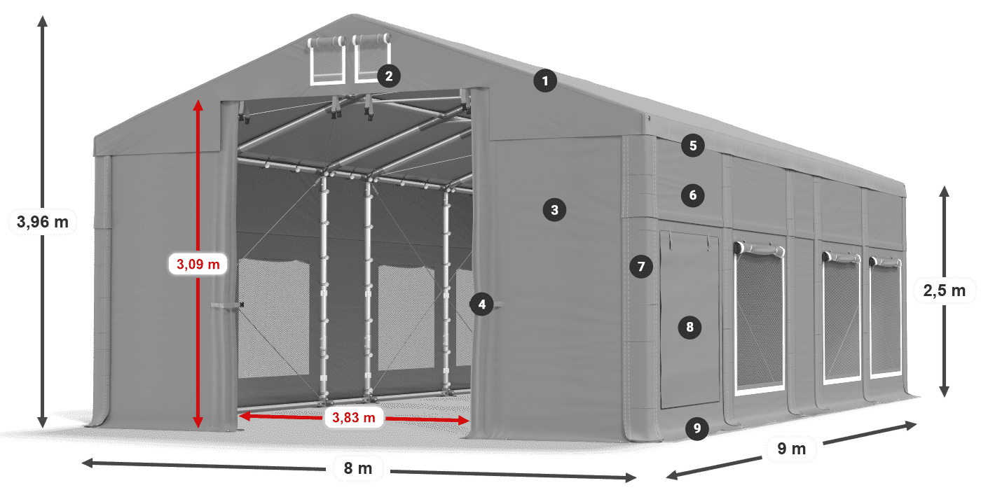 Tető: FR 620 PVC Falak: SD 500 PVC 2,5 m jelmagyarázat