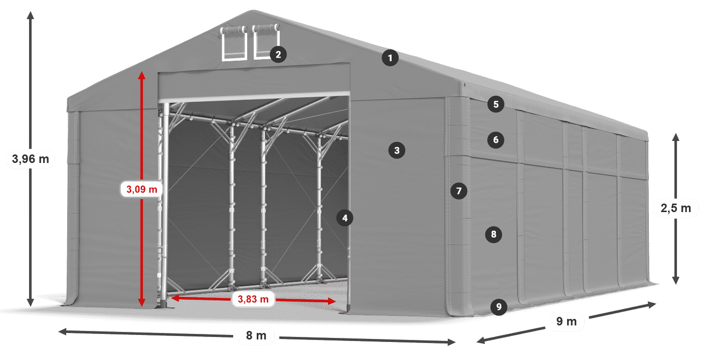 Tető: MS 580 PVC Falak: FR 620 PVC 2,5 m jelmagyarázat