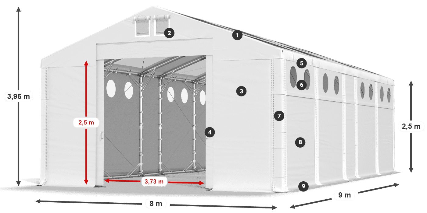 Tető: MS T 580 PVC Falak: FR O 620 PVC 2,5 m jelmagyarázat