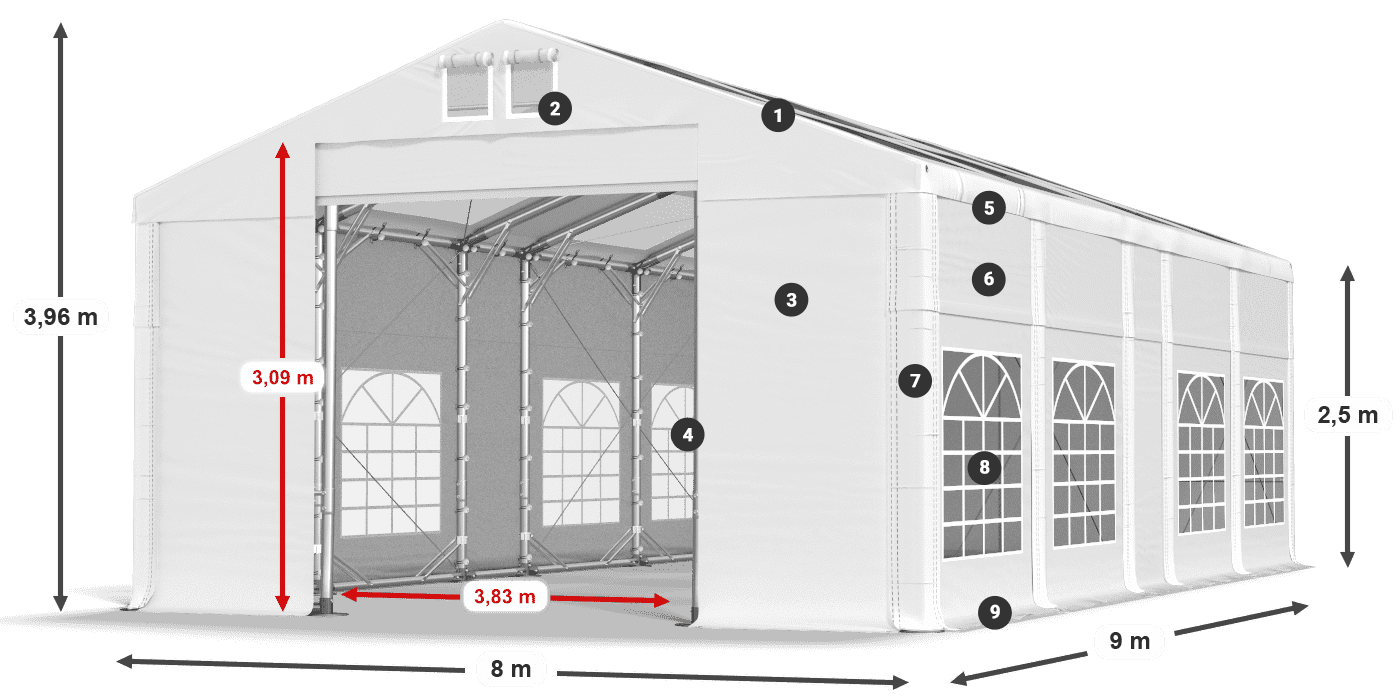 Tető: MS T 580 PVC Falak: FR 620 PVC 2,5 m jelmagyarázat