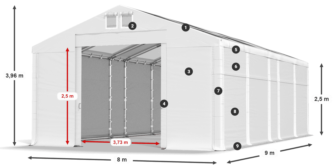 Tető: MS T 580 PVC Falak: FR 620 PVC 2,5 m jelmagyarázat
