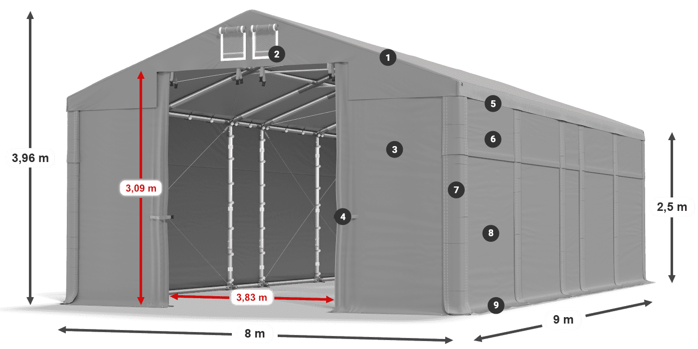 Tető: MS 580 PVC Falak: FR 620 PVC 2,5 m jelmagyarázat