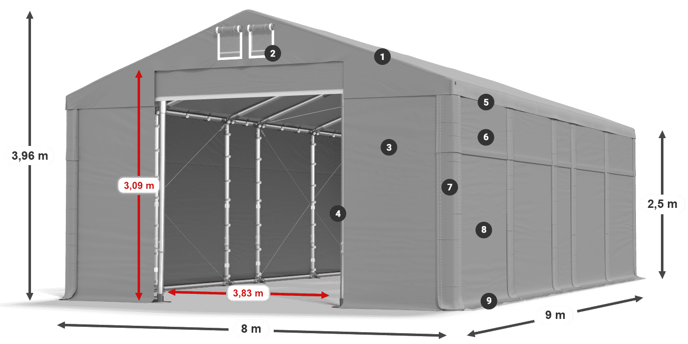Tető: MS 580 PVC Falak: FR 620 PVC 2,5 m jelmagyarázat