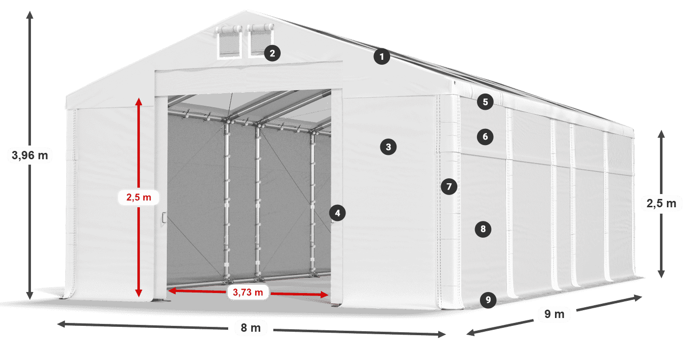 Tető: MS T 580 PVC Falak: FR 620 PVC 2,5 m jelmagyarázat