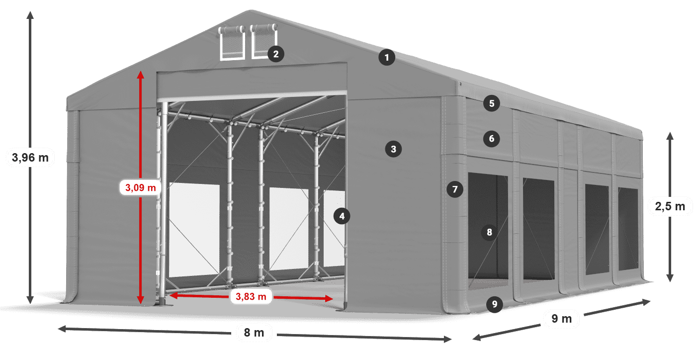 Tető: MS 580 PVC Falak: MS 580 PVC 2,5 m jelmagyarázat