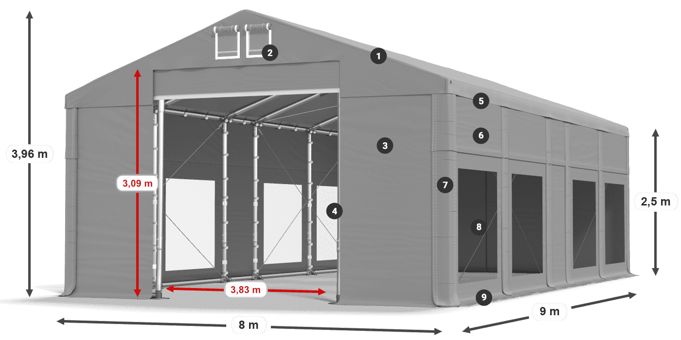 Tető: MS 580 PVC Falak: MS 580 PVC 2,5 m jelmagyarázat