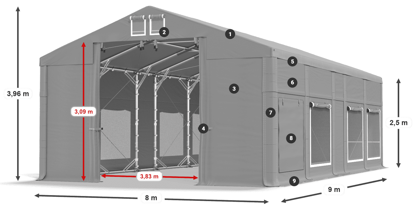 Tető: MS 580 PVC Falak: SD M 500 PVC 2,5 m jelmagyarázat
