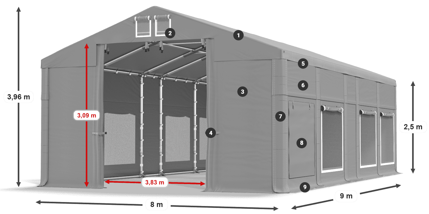 Tető: MS 580 PVC Falak: SD M 500 PVC 2,5 m jelmagyarázat