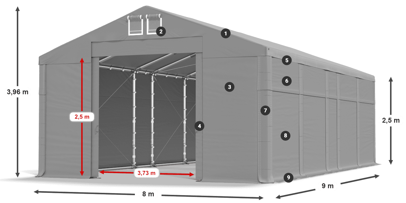 Tető: MS 580 PVC Falak: SD 500 PVC 2,5 m jelmagyarázat