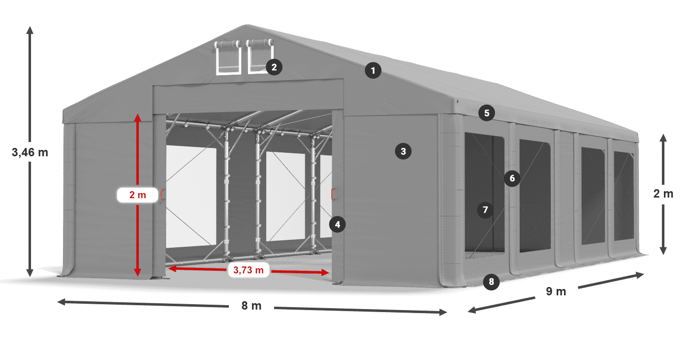 Tető: FR 620 PVC Falak: MS 580 PVC 2 m jelmagyarázat