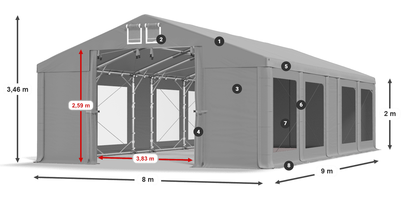 Tető: FR 620 PVC Falak: MS 580 PVC 2 m jelmagyarázat