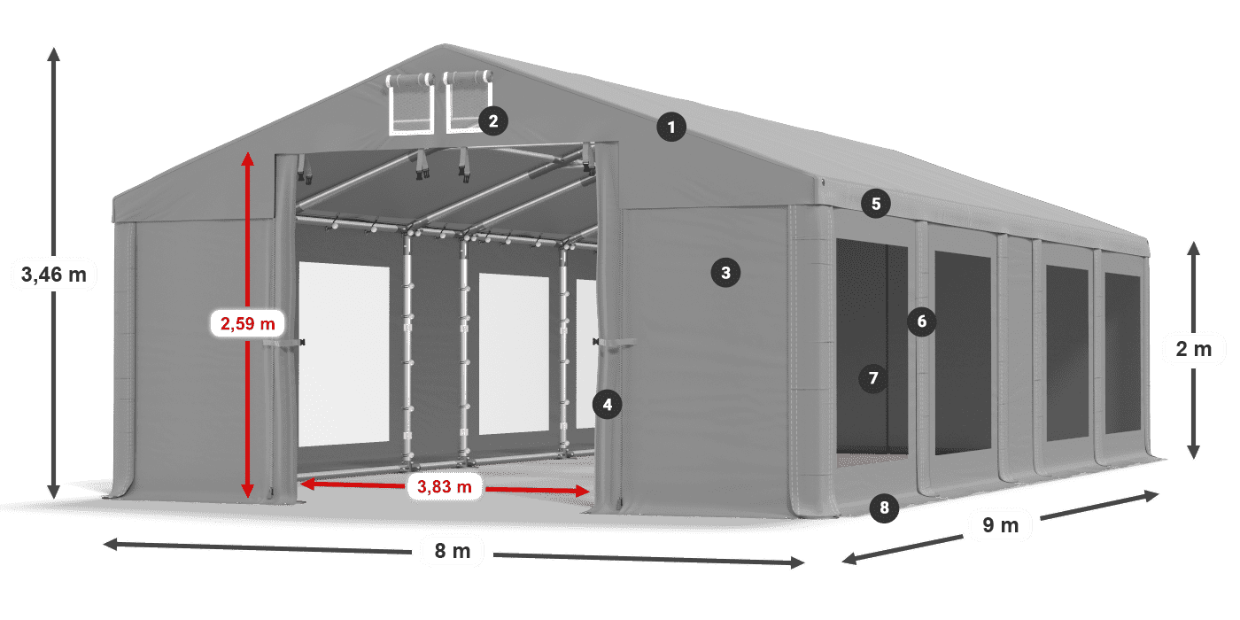 Tető: FR 620 PVC Falak: MS 580 PVC 2 m jelmagyarázat