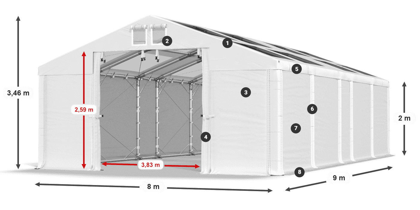 Tető: MS T 580 PVC Falak: FR 620 PVC 2 m jelmagyarázat