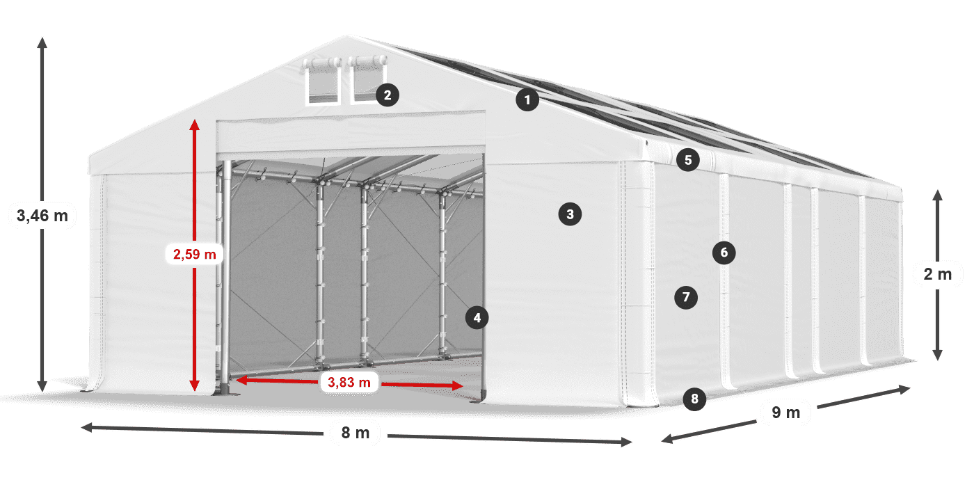 Tető: MS T 580 PVC Falak: FR 620 PVC 2 m jelmagyarázat