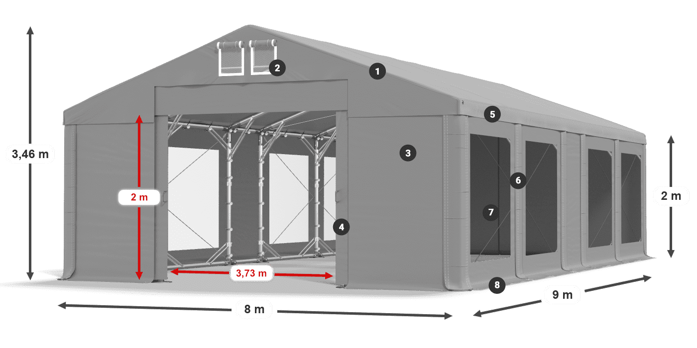 Tető: MS 580 PVC Falak: MS 580 PVC 2 m jelmagyarázat