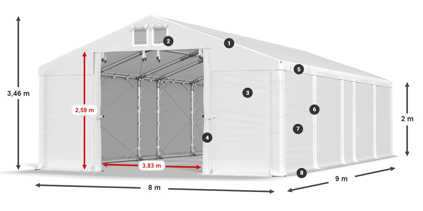 Tető: MS 580 PVC Falak: SD 500 PVC 2 m jelmagyarázat