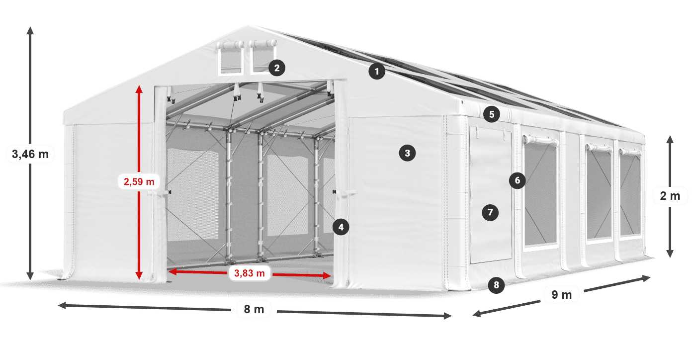 Tető: MS T 580 PVC Falak: SDM 500 PVC 2 m jelmagyarázat