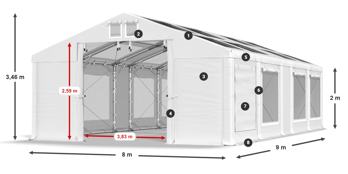 Tető: MS T 580 PVC Falak: SDM 500 PVC 2 m jelmagyarázat