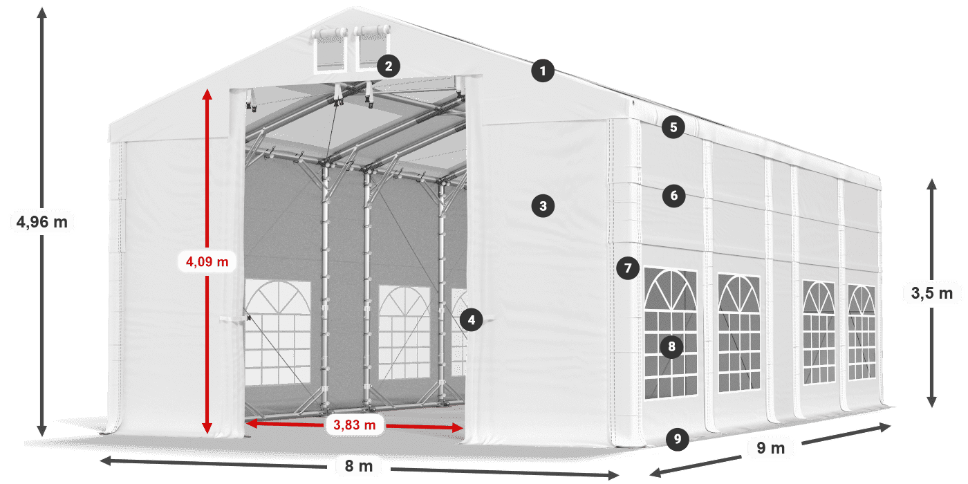 Tető: MS T 580 PVC Falak: FR 620 PVC 2,5 m jelmagyarázat