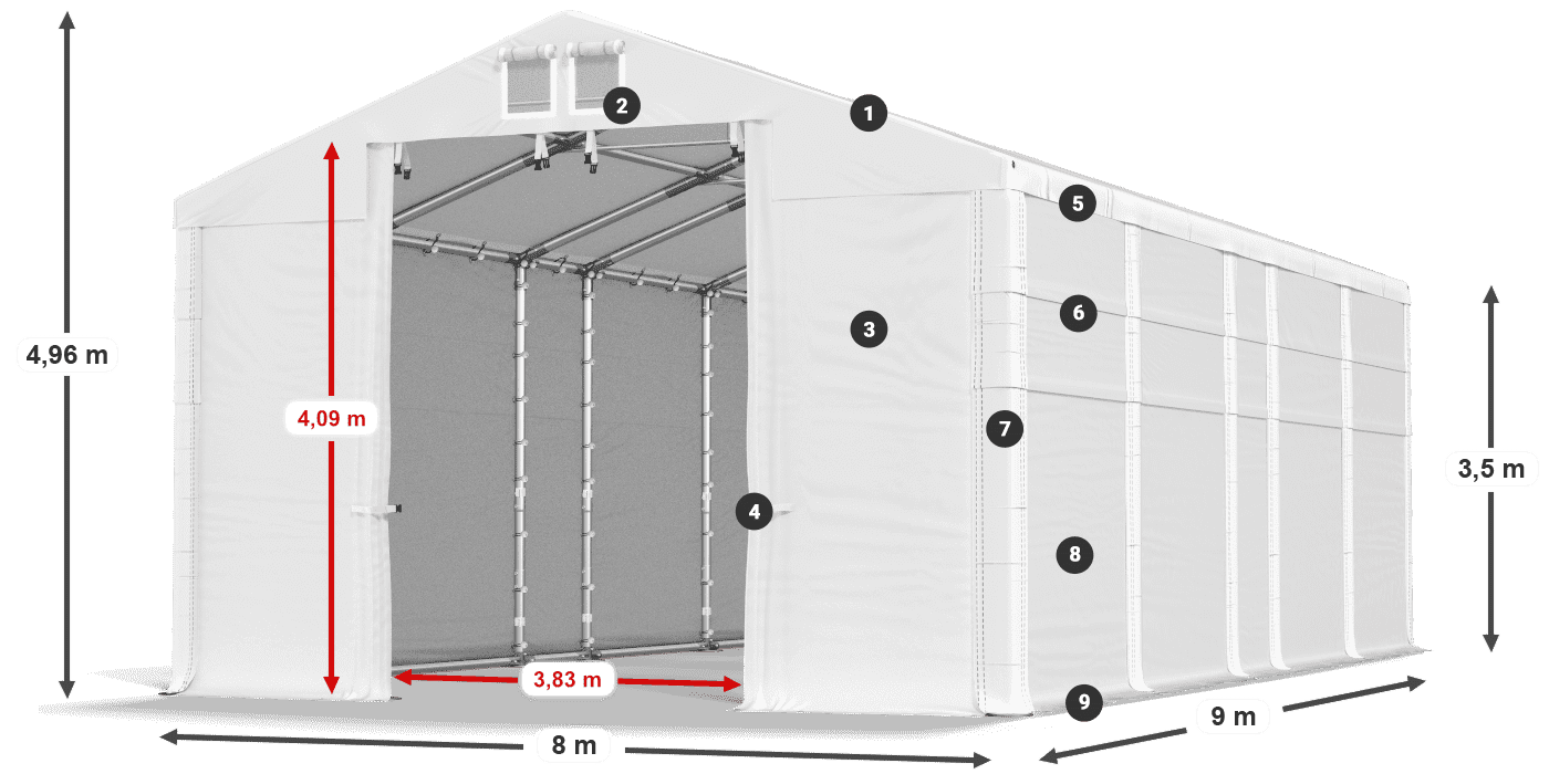 Tető: MS 580 PVC Falak: FR 620 PVC 2,5 m jelmagyarázat