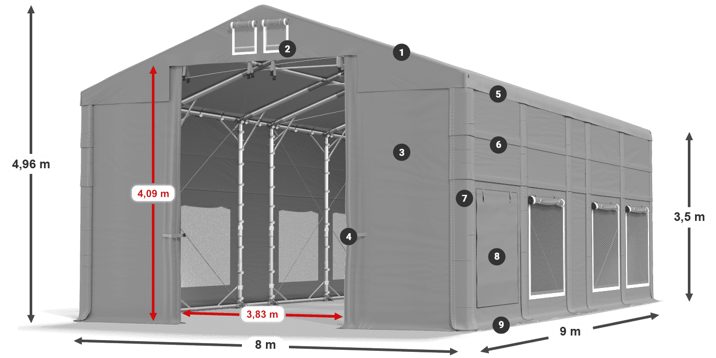 Tető: MS 580 PVC Falak: SD M 500 PVC 3,5 m jelmagyarázat