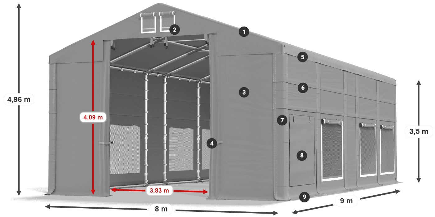 Tető: MS 580 PVC Falak: SD M 500 PVC 3,5 m jelmagyarázat