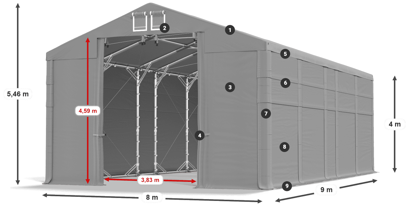 Tető: FR 620 PVC Falak: MS 580 PVC 4 m jelmagyarázat